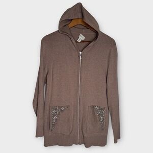Zenergy Chico's Cotton Cashmere Beaded Zip Front Cardigan Sweater Pockets Medium